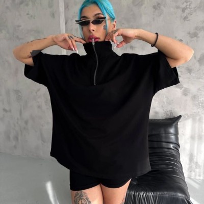 Kadın Yarım Fermuarlı Tişört Kısa kol T-Shirt - Siyah